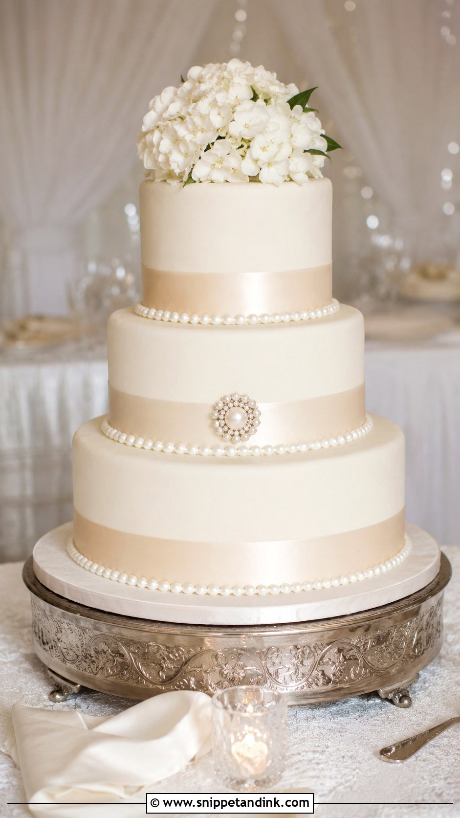 3 Tier Pearl Wedding Cake With Satin Ribbon - Snippet and Ink - 20 3 Tier Pearl Wedding Cake Ideas