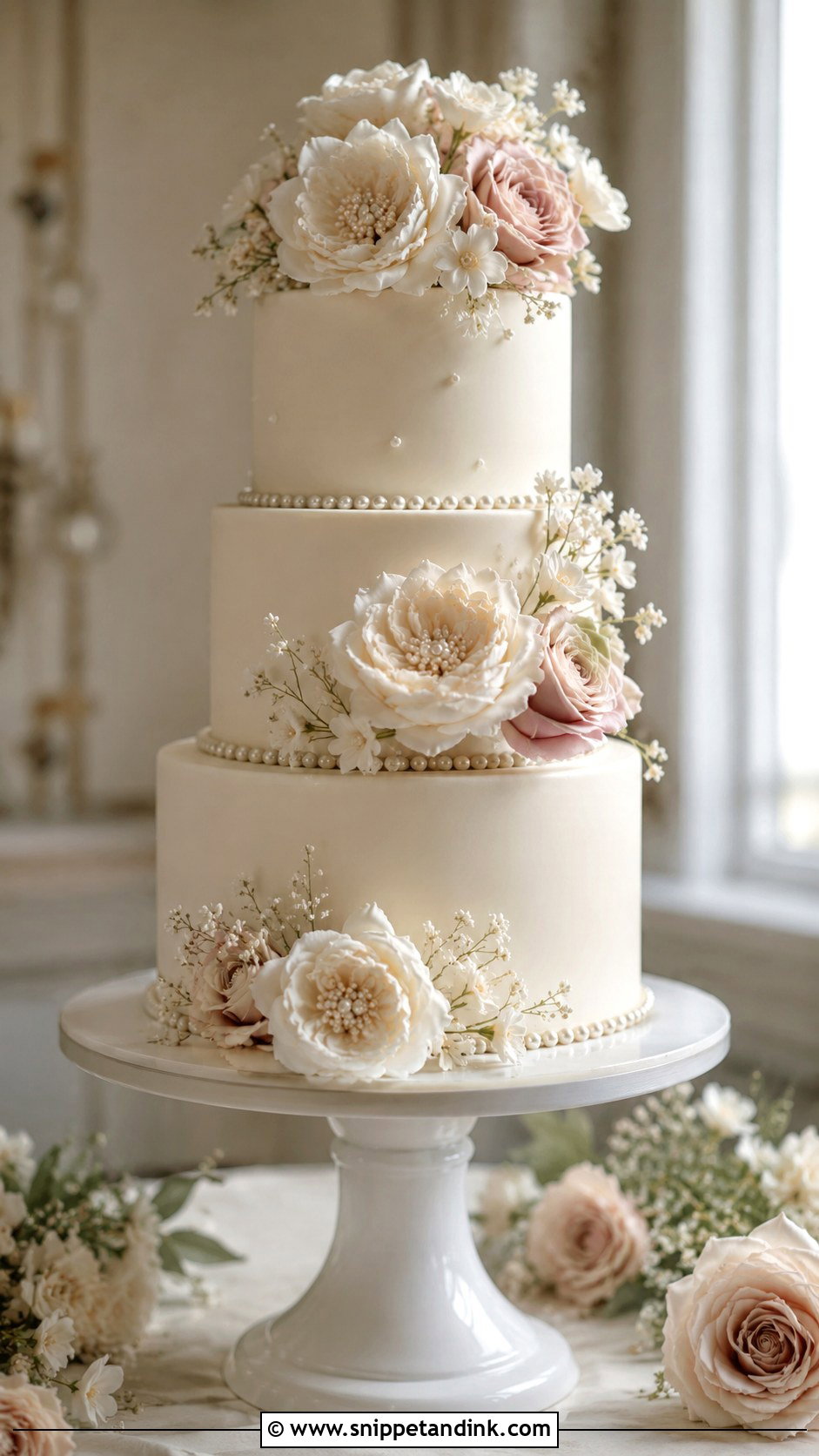 3 Tier Pearl Wedding Cake With Sugar Flowers - Snippet and Ink - 20 3 Tier Pearl Wedding Cake Ideas
