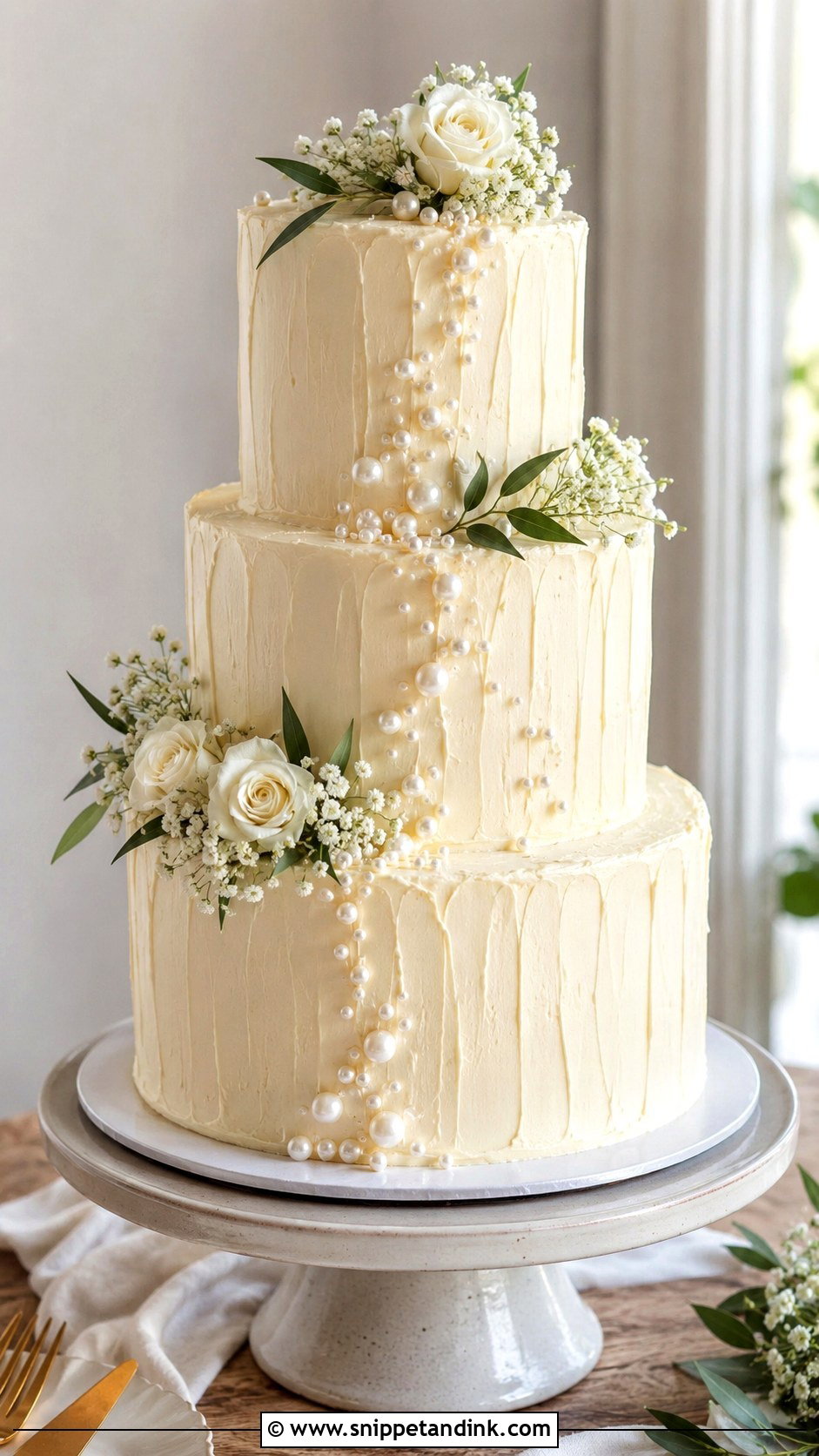 3 Tier Pearl Wedding Cake With Textured Buttercream - Snippet and Ink - 20 3 Tier Pearl Wedding Cake Ideas