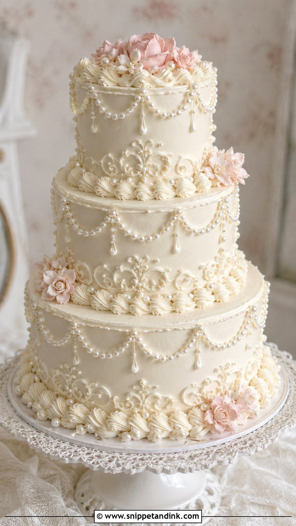3 Tier Pearl Wedding Cake With Vintage Piping - Snippet and Ink - 20 3 Tier Pearl Wedding Cake Ideas