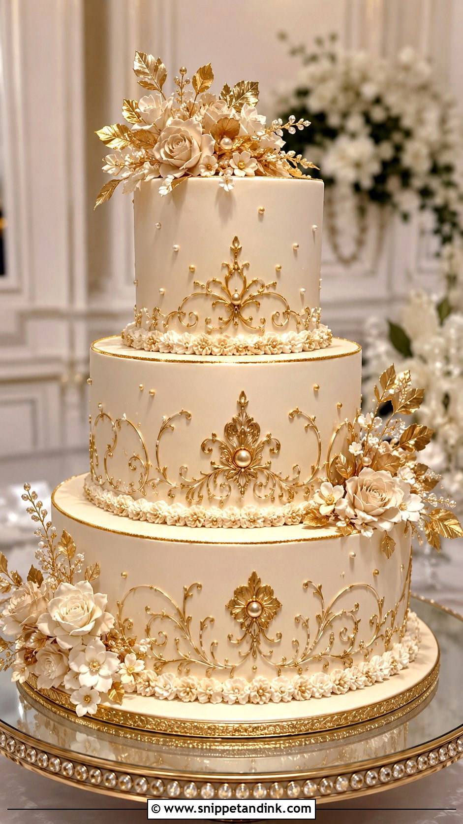 3 Tier Vintage Gold Wedding Cake - Snippet and Ink - 20 3 Tier Vintage Cake Ideas for Wedding