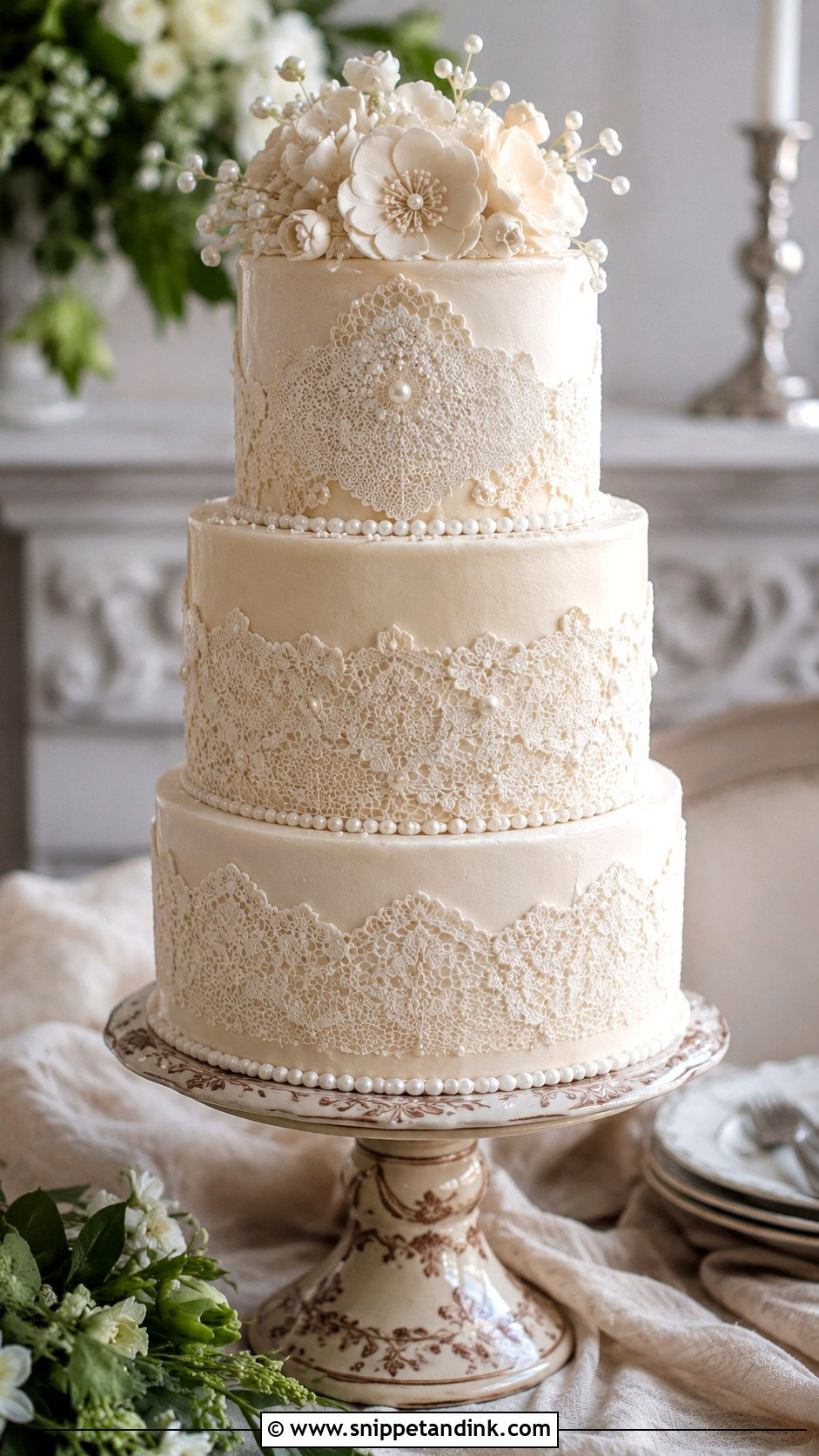 3 Tier Vintage Lace Wedding Cake - Snippet and Ink - 20 3 Tier Vintage Cake Ideas for Wedding