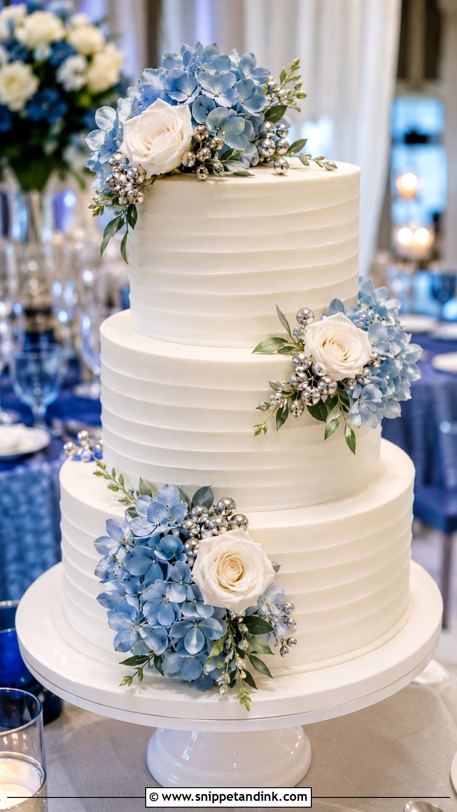 3 Tier Wedding Cake With Blue Flowers - Snippet and Ink - 20 Elegant 3 Tier Wedding Cake Ideas