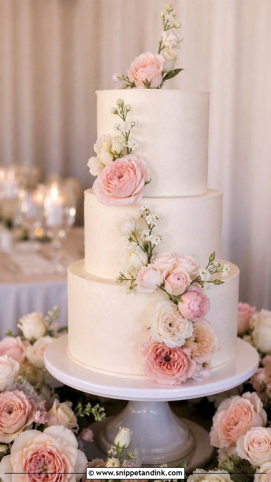 3 Tier Wedding Cake With Blush Flowers - Snippet and Ink - 20 Elegant 3 Tier Wedding Cake Ideas