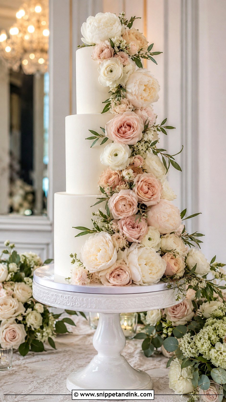 3 Tier Wedding Cake With Cascading Flowers - Snippet and Ink - 20 Elegant 3 Tier Wedding Cake Ideas