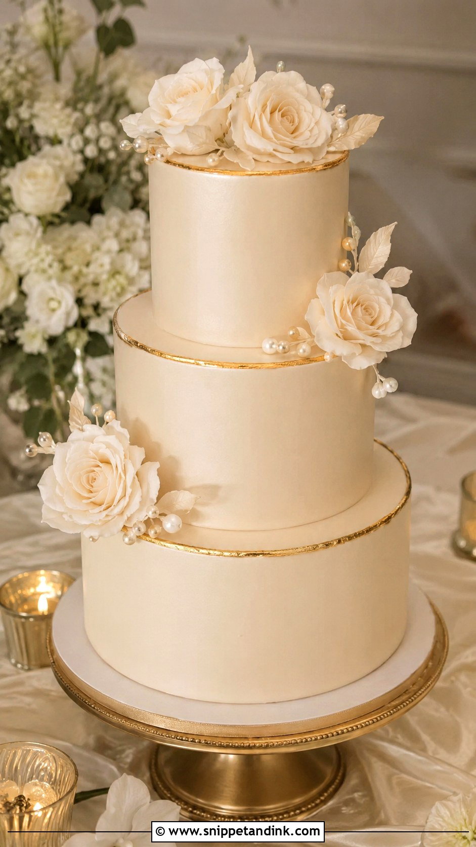 3 Tier Wedding Cake With Champagne Color - Snippet and Ink - 20 Elegant 3 Tier Wedding Cake Ideas