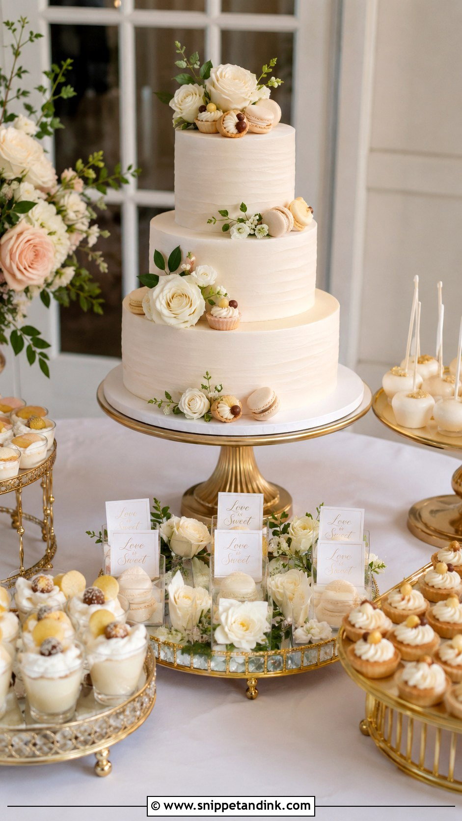 3 Tier Wedding Cake With Dessert Table - Snippet and Ink - 20 3 Wedding Cakes Display Ideas
