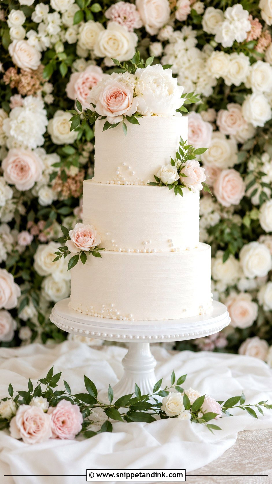 3 Tier Wedding Cake With Floral Backdrop - Snippet and Ink - 20 3 Wedding Cakes Display Ideas