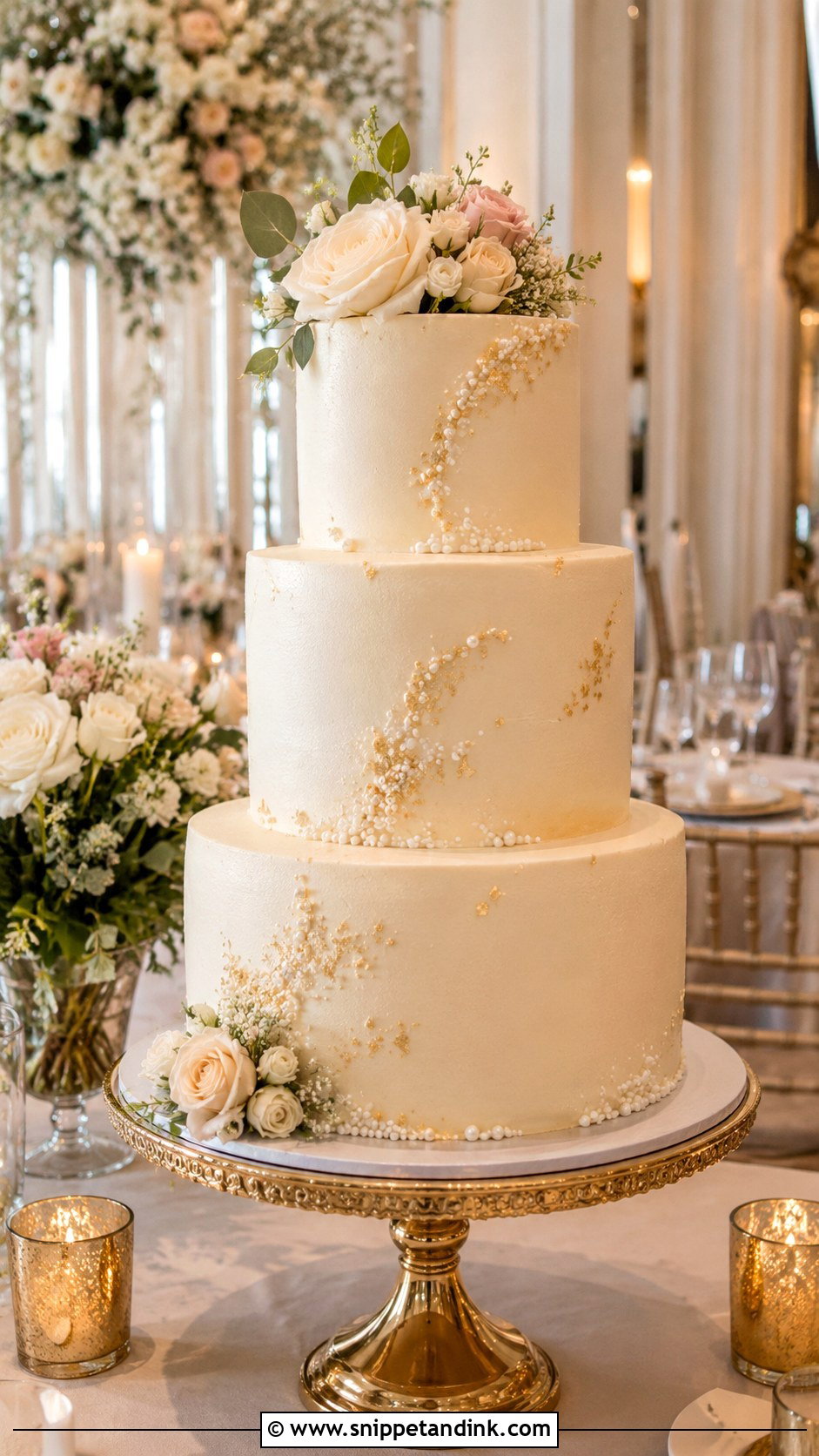 3 Tier Wedding Cake With Gold Stand - Snippet and Ink - 20 3 Wedding Cakes Display Ideas