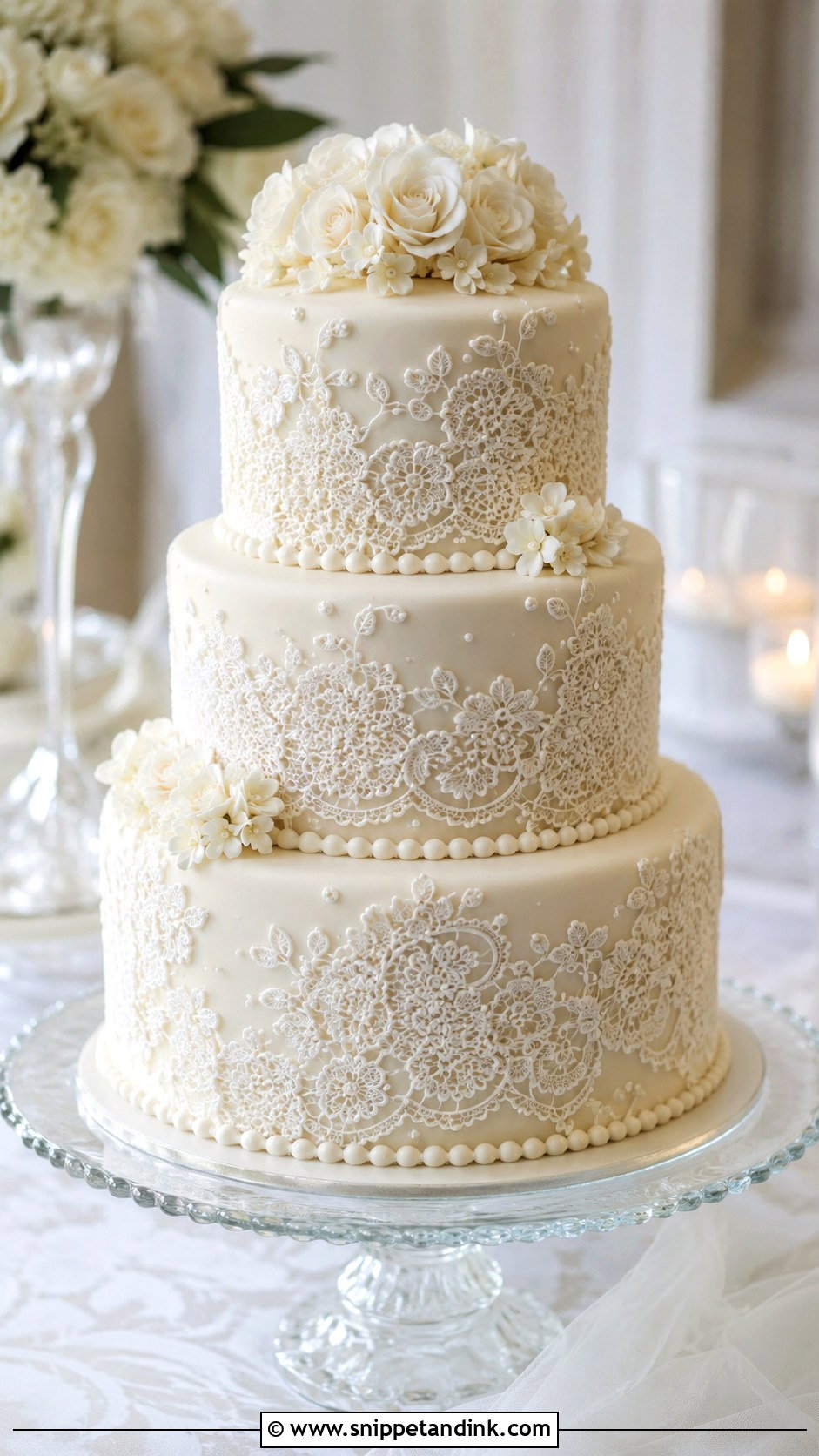 3 Tier Wedding Cake With Lace - Snippet and Ink - 20 Elegant 3 Tier Wedding Cake Ideas