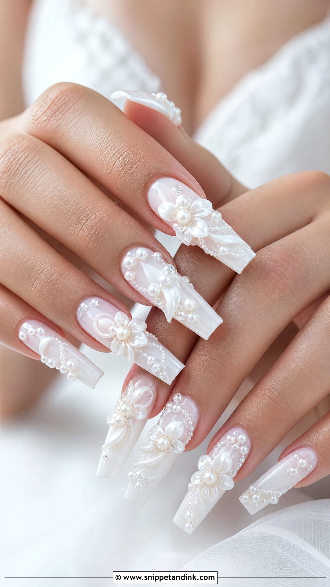 3D Bridal Nails With Pearls - Snippet and Ink - 25 Bridal Nails with Pearls
