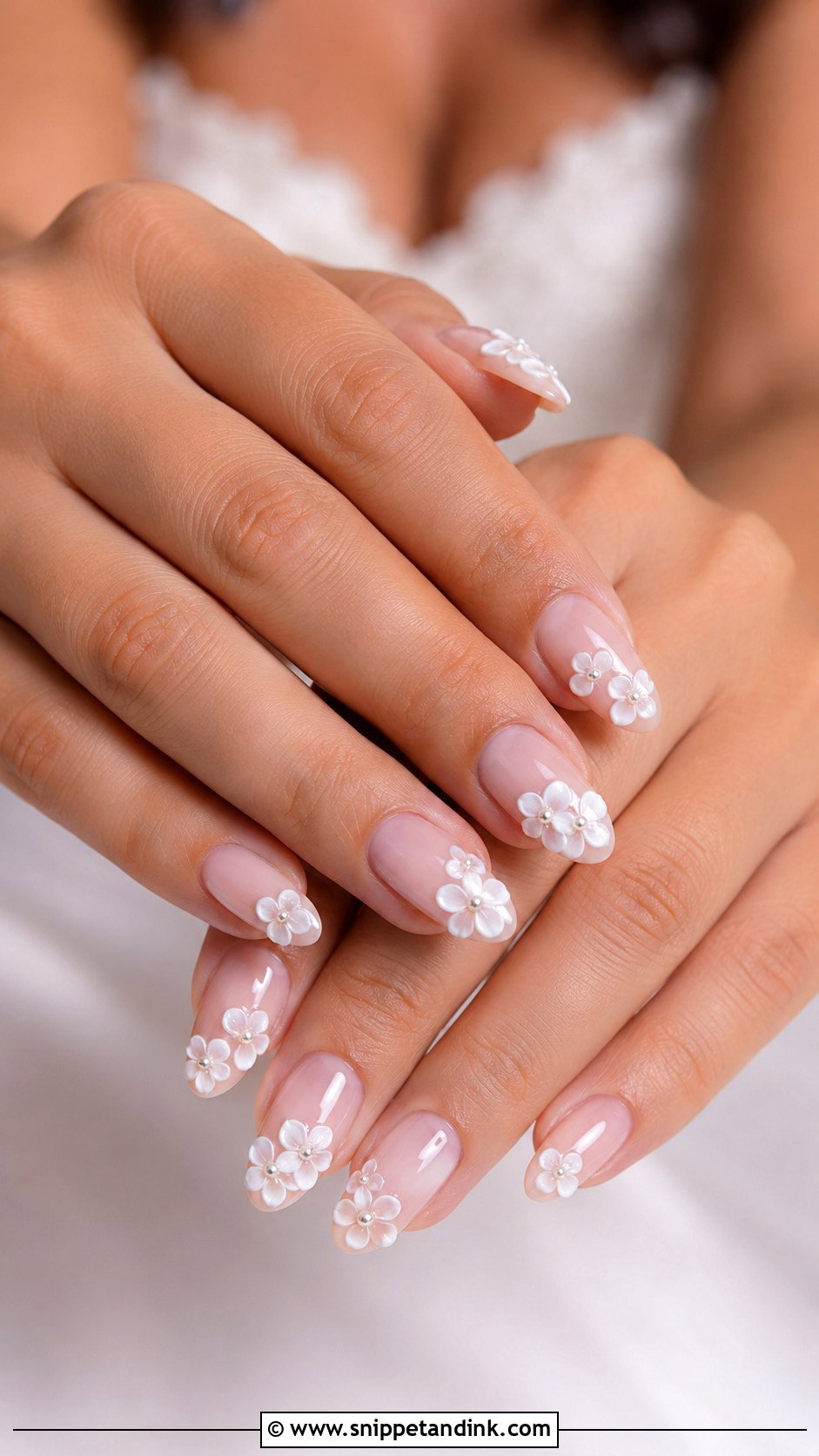 3D Flower Almond Wedding Nails - Snippet and Ink - 20 Almond Wedding Nail Inspo for Bride Ideas