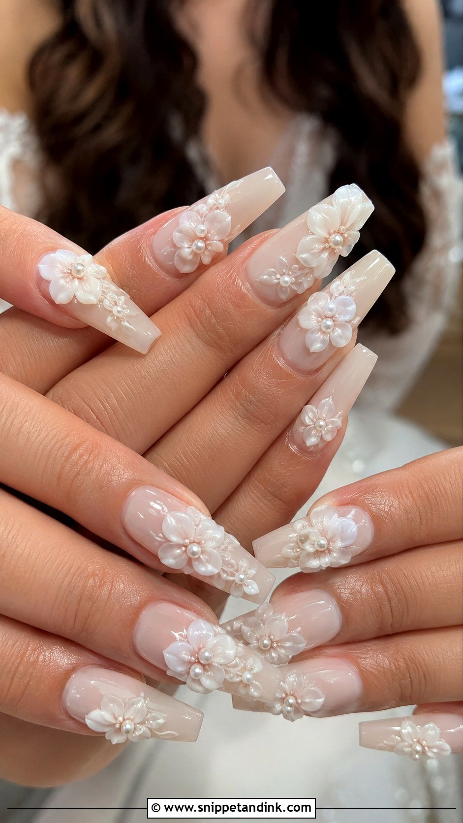3D Flower Coffin Bridal Nails - Snippet and Ink - 20 Coffin Shape Bridal Nails