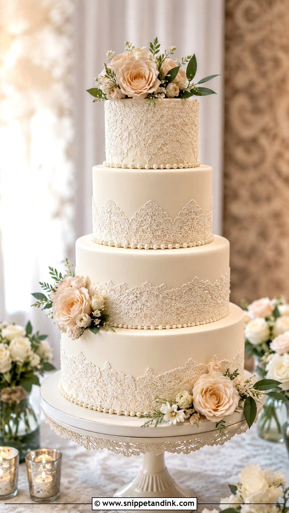 4 Tier Wedding Cake With Lace - Snippet and Ink - 20 4 Tiered Wedding Cakes