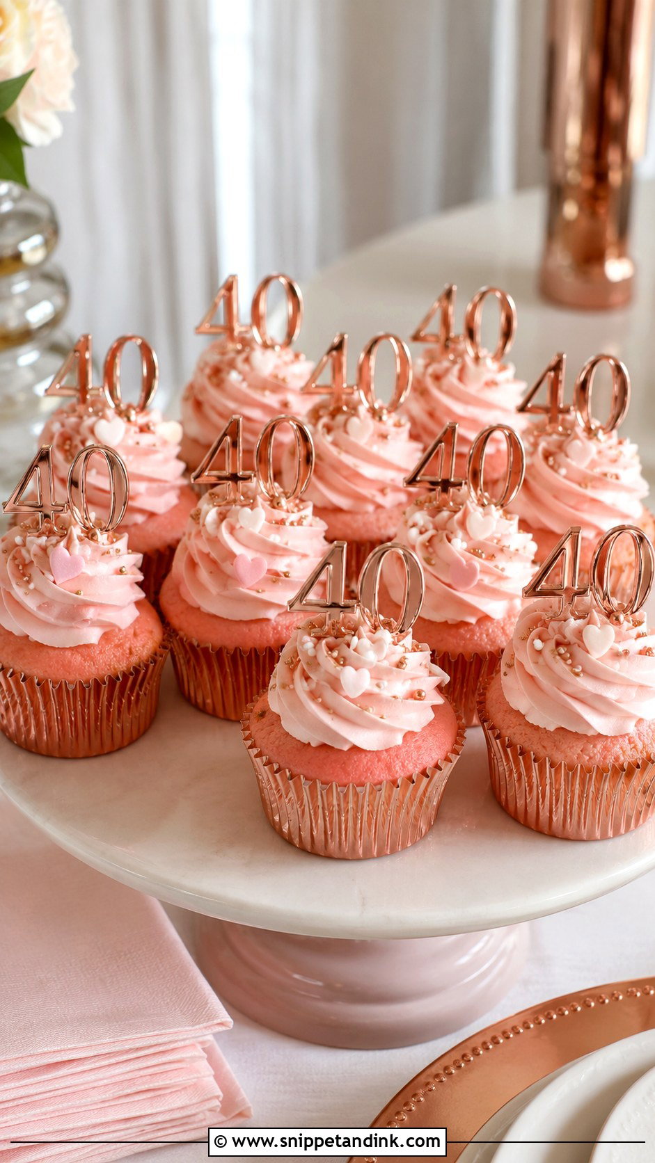 40th Birthday Rose Gold Cupcakes - Snippet and Ink - 20 40th Cupcake Ideas