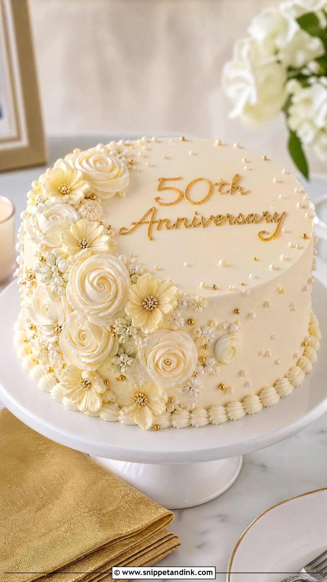 50th Anniversary Cake With Buttercream Flowers - Snippet and Ink - 30 50th Anniversary Cakes