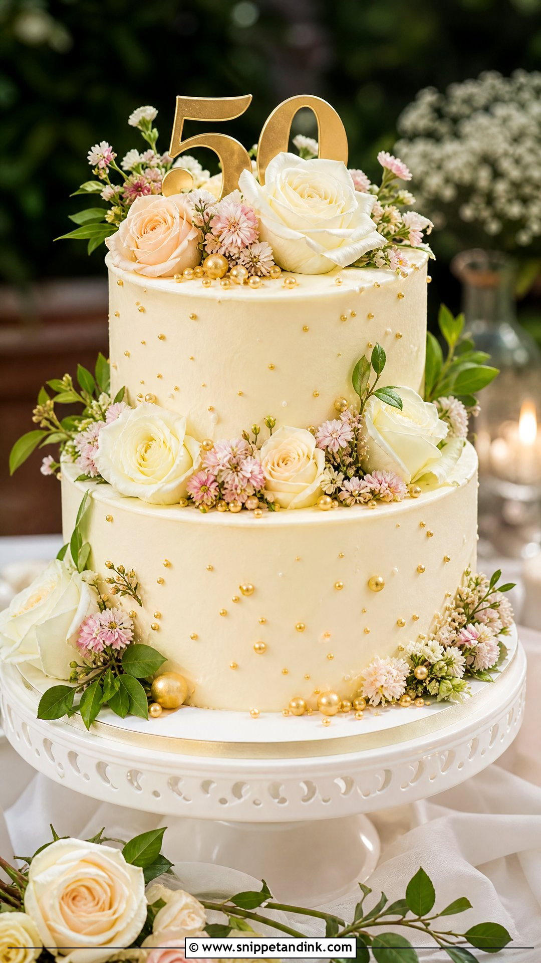 50th Anniversary Cake With Fresh Flowers - Snippet and Ink - 30 50th Anniversary Cakes