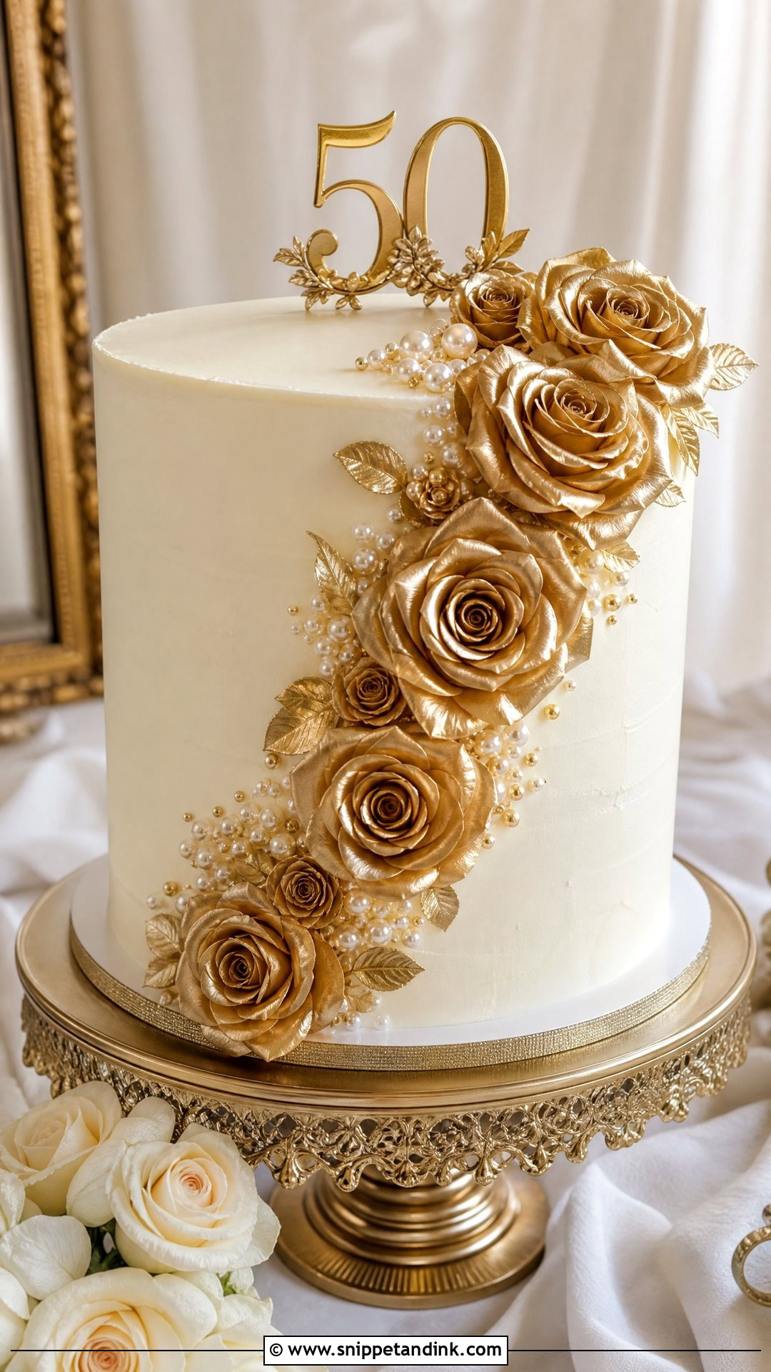 50th Anniversary Cake With Gold Roses - Snippet and Ink - 30 50th Anniversary Cakes