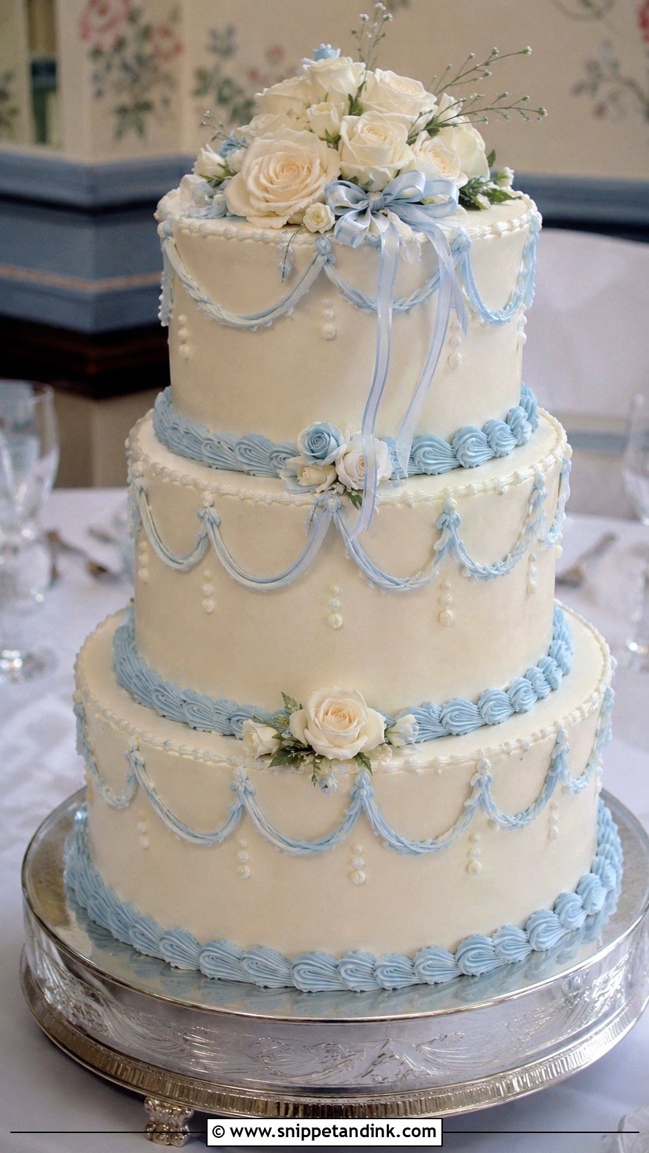 80s Style Wedding Cake With Blue Accents - Snippet and Ink - 35 80s Style Wedding Cake Ideas