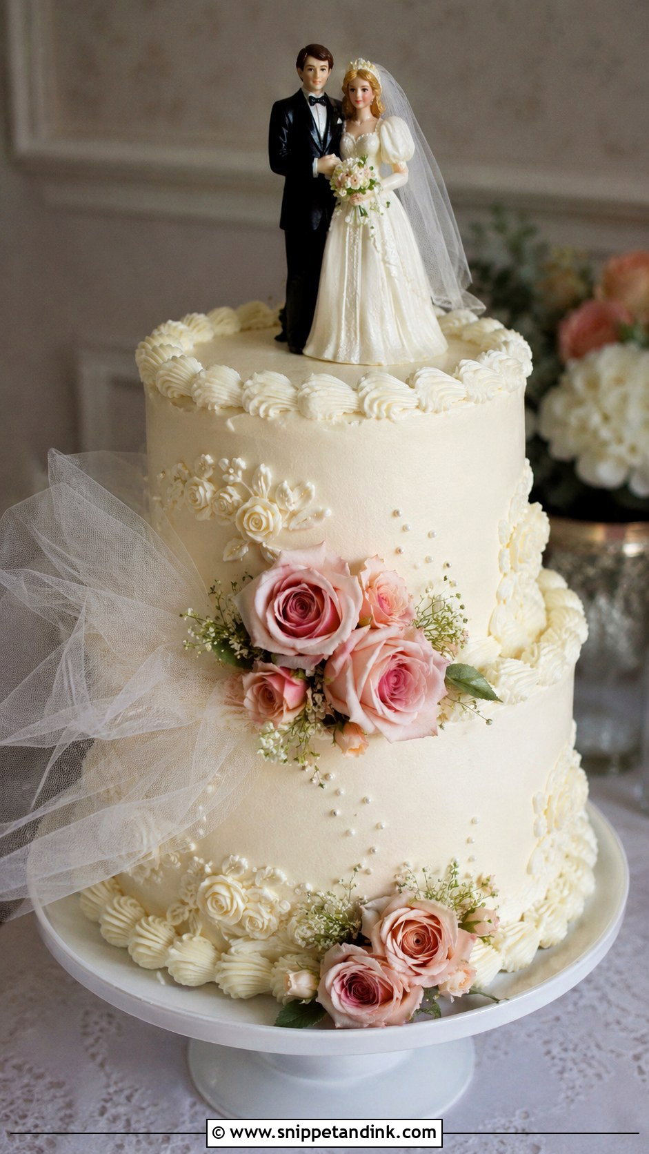 80s Style Wedding Cake With Bride And Groom Topper - Snippet and Ink - 35 80s Style Wedding Cake Ideas