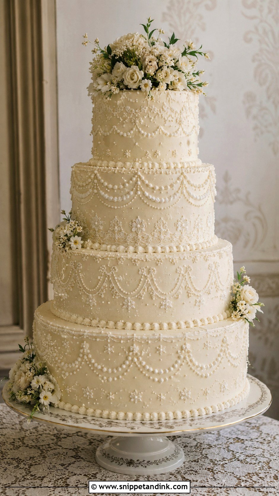 80s Style Wedding Cake With Lace Piping - Snippet and Ink - 35 80s Style Wedding Cake Ideas