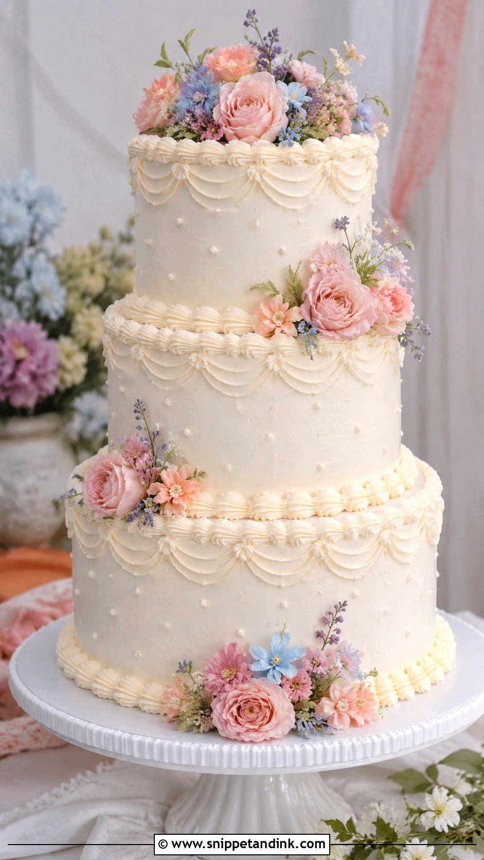80s Style Wedding Cake With Pastel Flowers - Snippet and Ink - 35 80s Style Wedding Cake Ideas