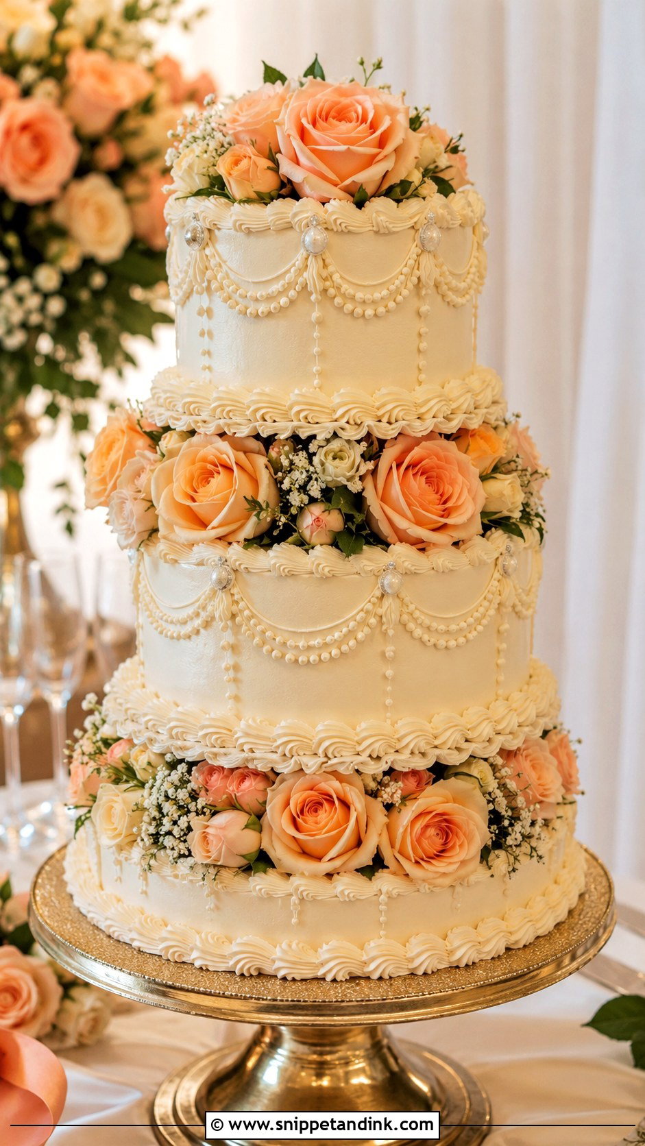 80s Style Wedding Cake With Peach Roses - Snippet and Ink - 35 80s Style Wedding Cake Ideas