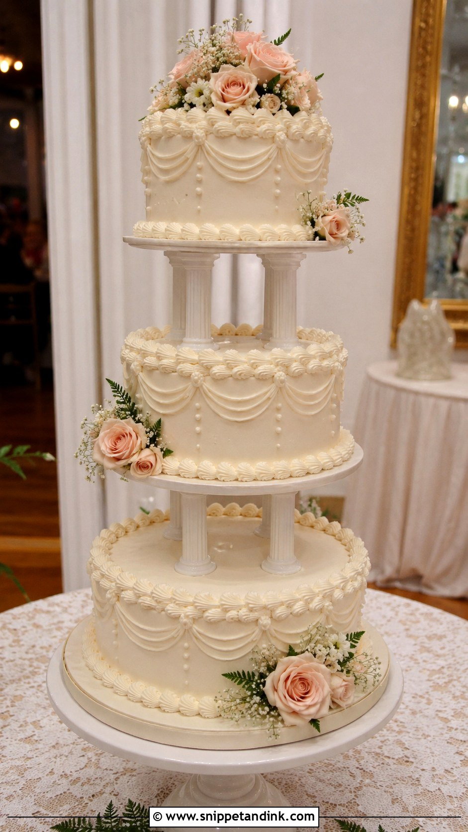 80s Style Wedding Cake With Pillars - Snippet and Ink - 35 80s Style Wedding Cake Ideas
