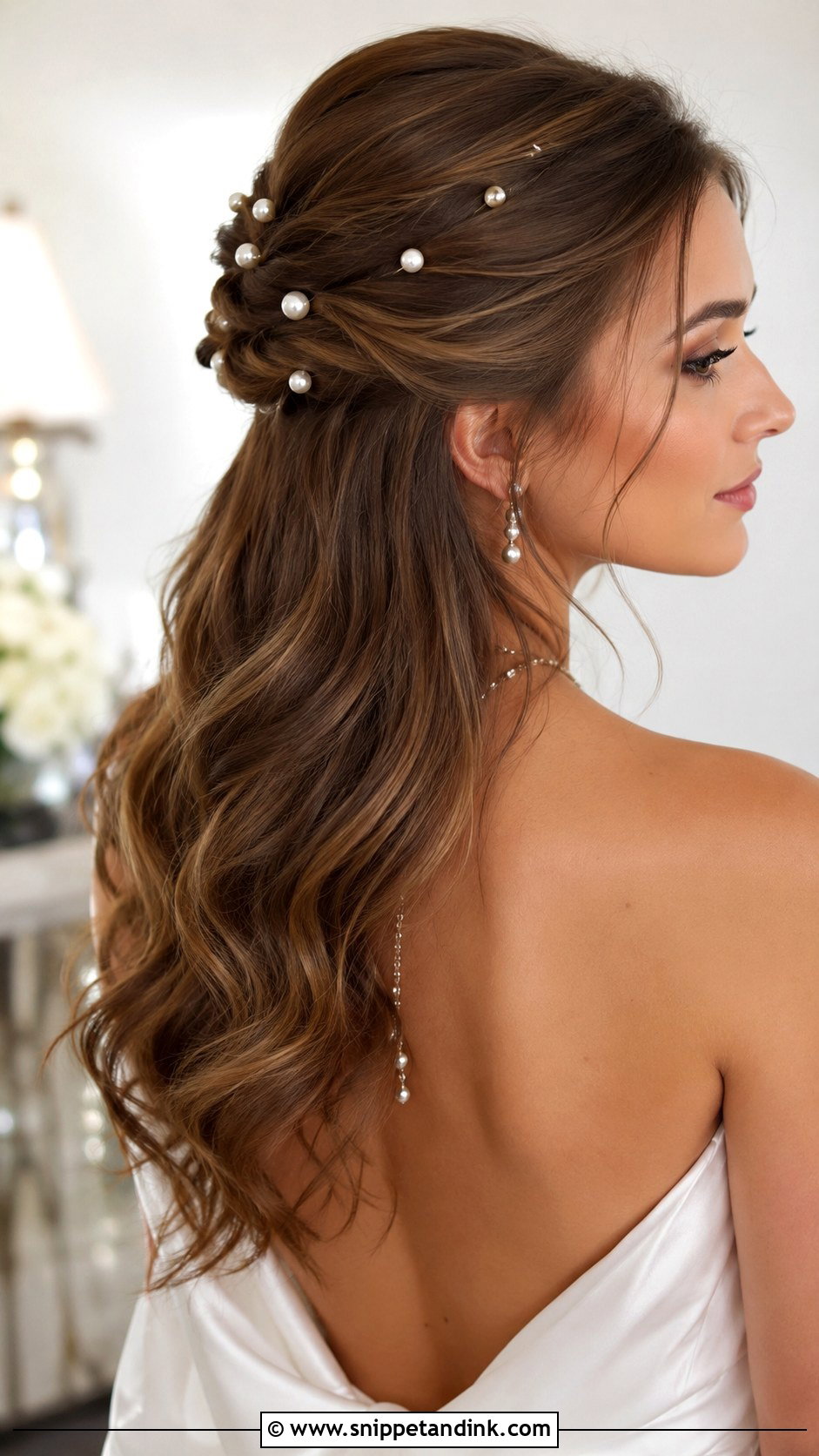 Accessorized Half Up Style with Pearls for Medium Hair - Snippet and Ink - 25 Mid Length Bridal Hair Ideas