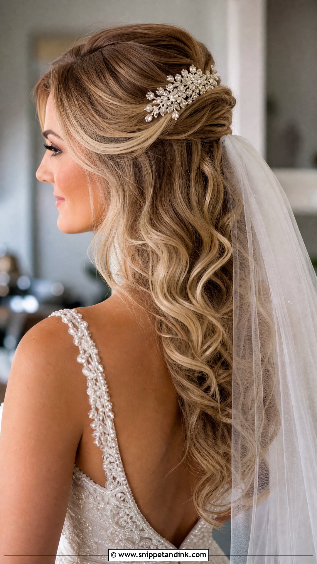 Accessorized Half Up Wedding Hairstyle for Shoulder Length Hair - Snippet and Ink - 20 Shoulder Length Hair Wedding Styles