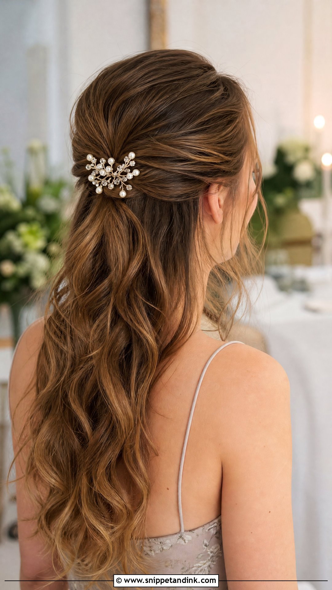 Accessorized Half Up With Hair Clip - Snippet and Ink - 20 Shoulder Length Wedding Guest Hair Ideas