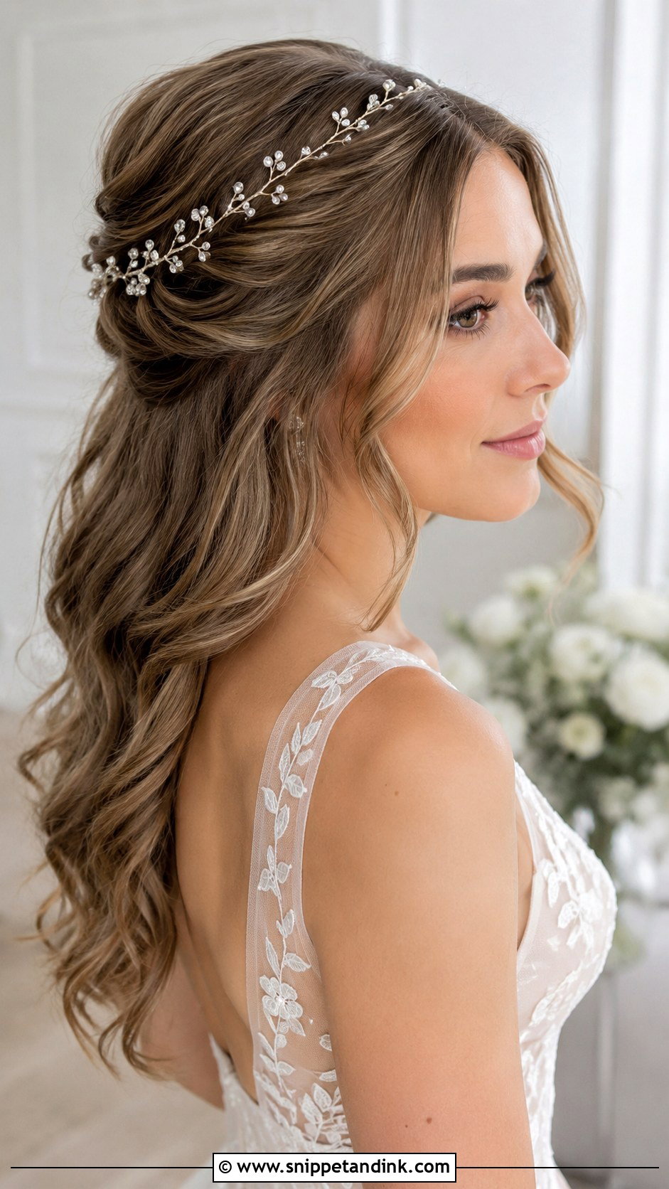Accessorized Half Up With Hair Vine - Snippet and Ink - 25 Short Bridal Hair Shoulder Length Ideas
