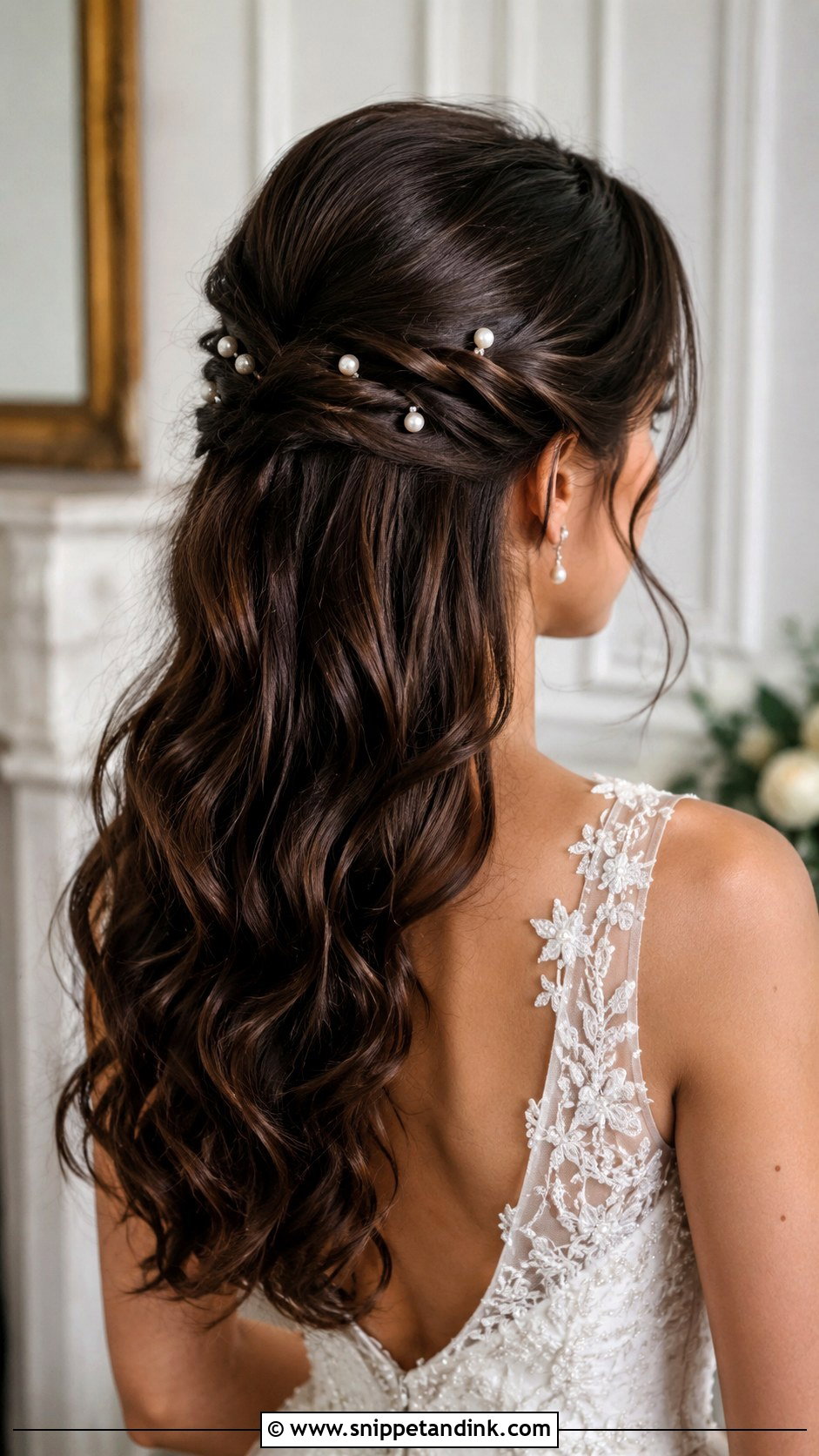 Accessorized Half Updo With Pearls - Snippet and Ink - 20 Hairstyles for Wedding Guest Medium
