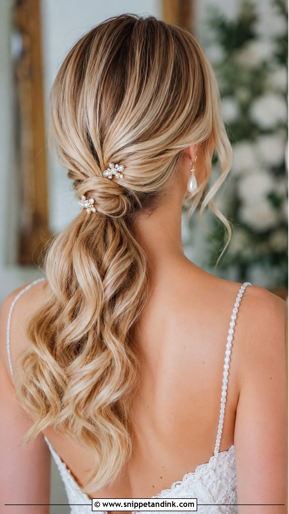 Accessorized Low Ponytail - Snippet and Ink - 30 Long Hair Wedding Styles