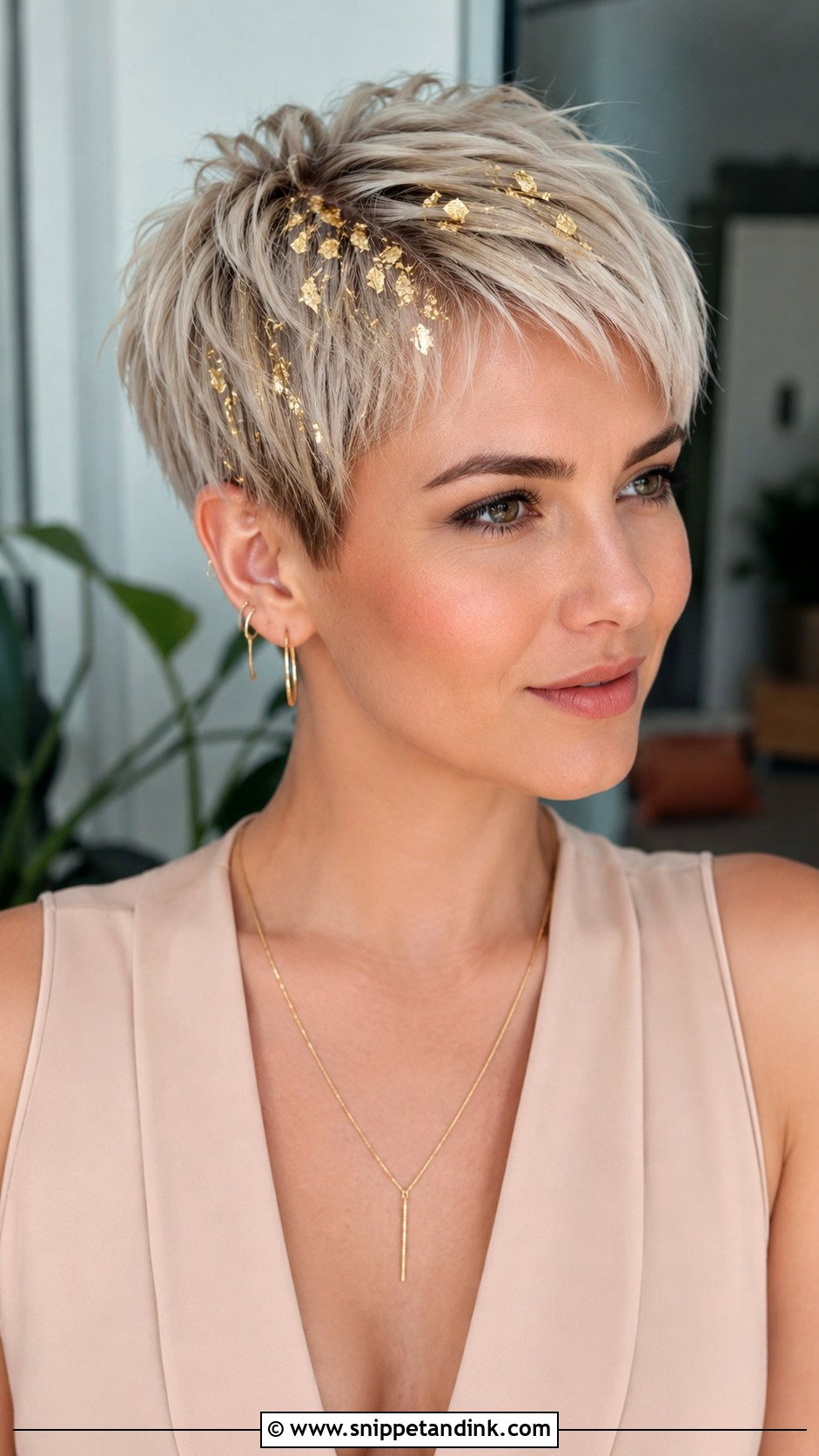 Accessorized Pixie With Gold Flakes - Snippet and Ink - 25 Wedding Guest Hairstyles Short Hair