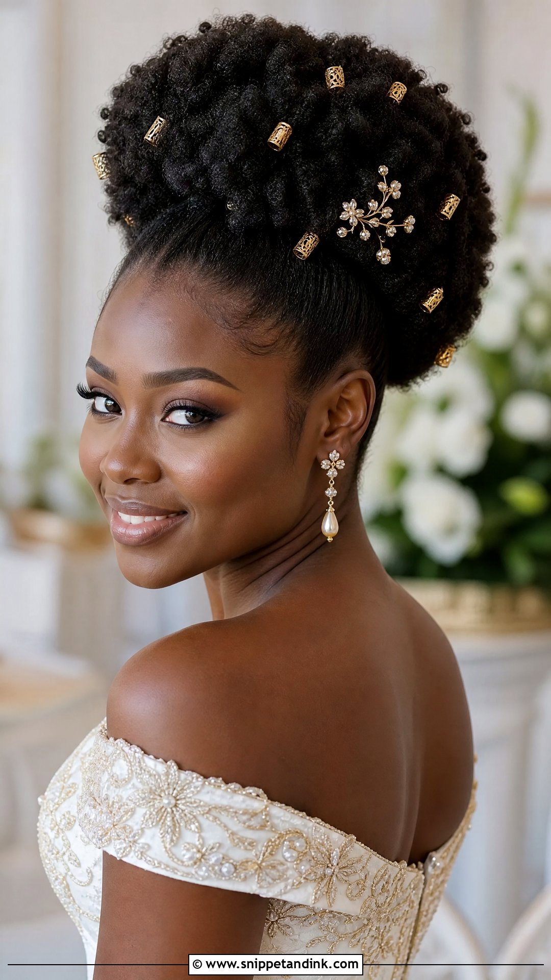 Afro Puff With Gold Cuffs - Snippet and Ink - 30 Natural Hair Bride Ideas