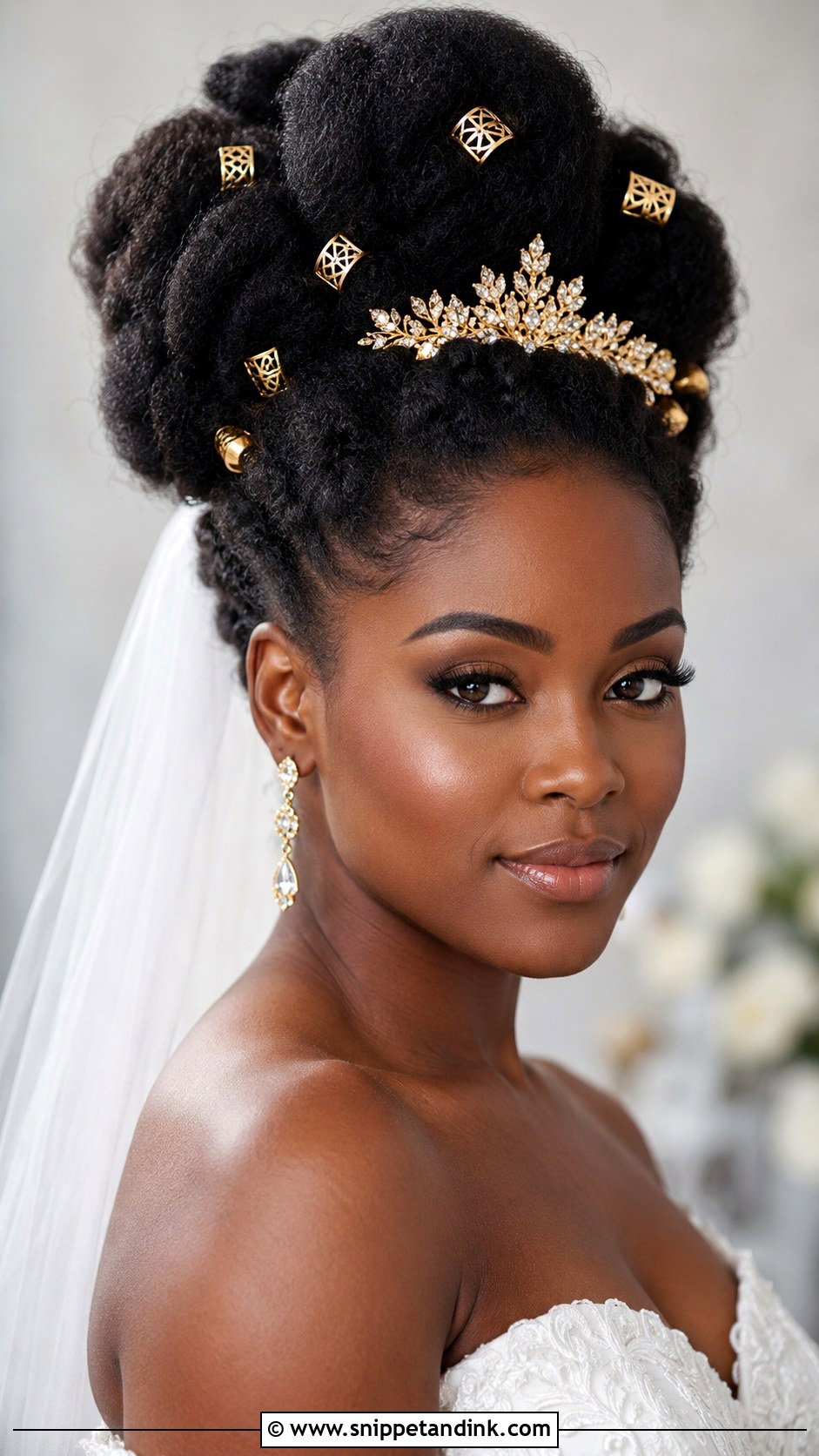 Afro Updo With Gold Accessories - Snippet and Ink - 20 Black Brides Hairstyles Weddings