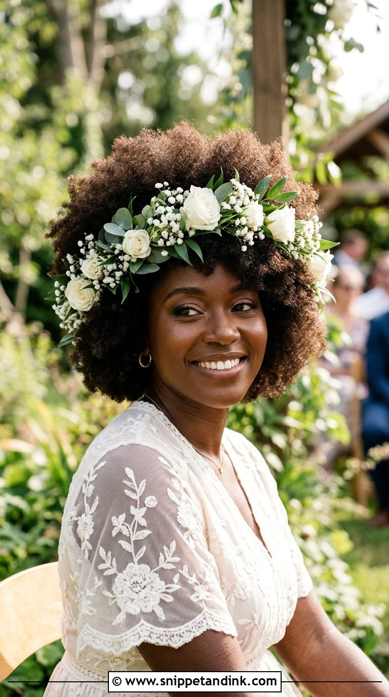 Afro With Floral Crown - Snippet and Ink - 20 Bridal Hairstyles for Black Women