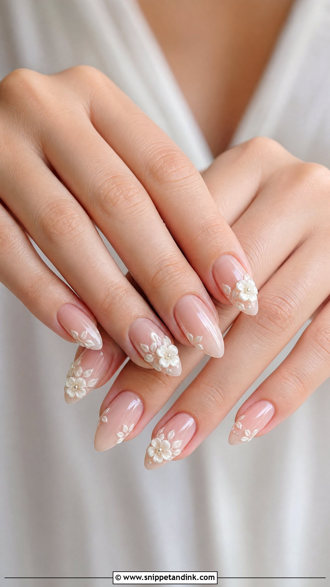 Almond Bridal Nails With 3D Flowers - Snippet and Ink - 25 Almond Shape Bridal Nails