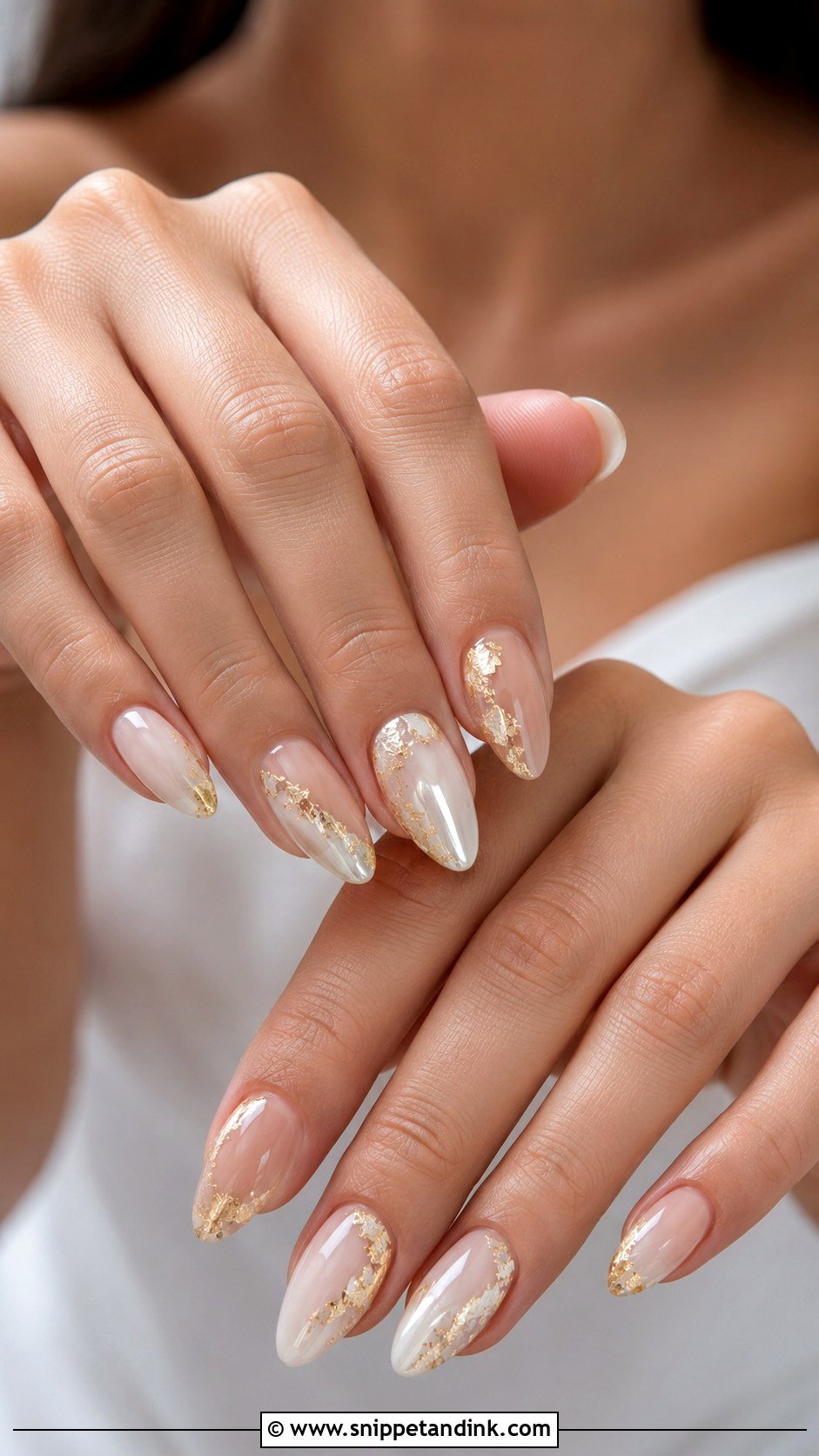 Almond Bridal Nails With Gold Leaf - Snippet and Ink - 20 Bridal Nails with Gold