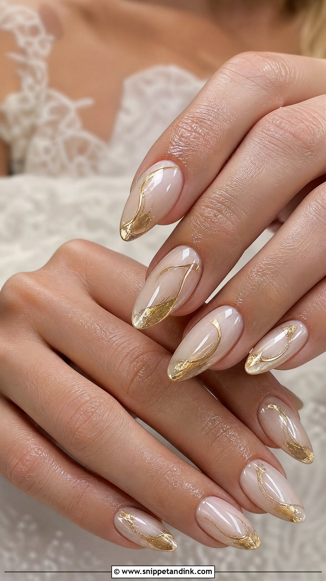 Almond Bridal Nails With Gold - Snippet and Ink - 25 Almond Shape Bridal Nails