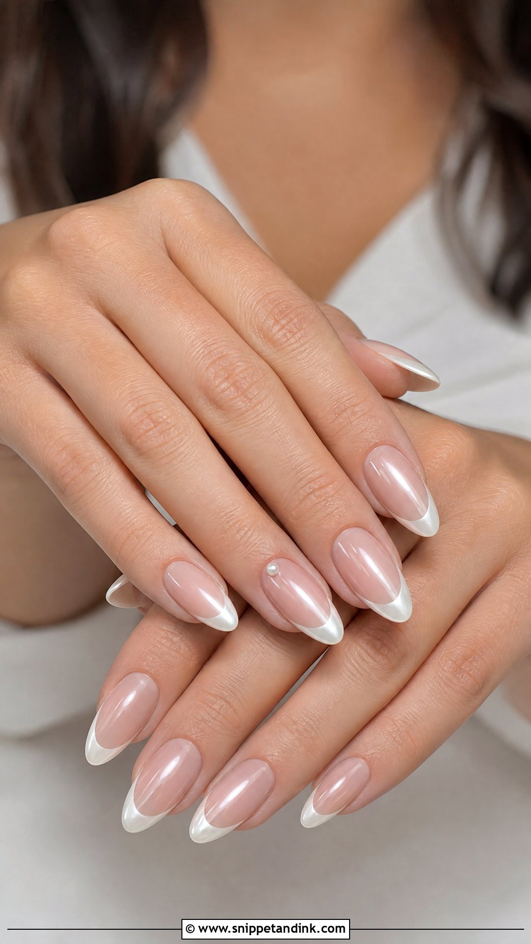 Almond Bridal Nails With Pearl French Tips - Snippet and Ink - 25 Almond Shape Bridal Nails