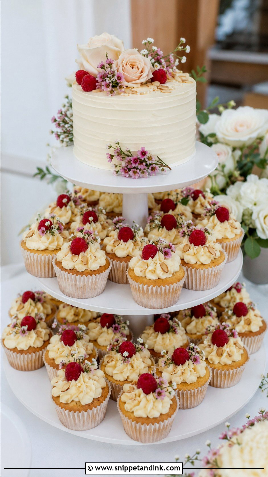 Almond Raspberry Cupcake Wedding Cake - Snippet and Ink - 25 Almond Raspberry Wedding Cake Ideas