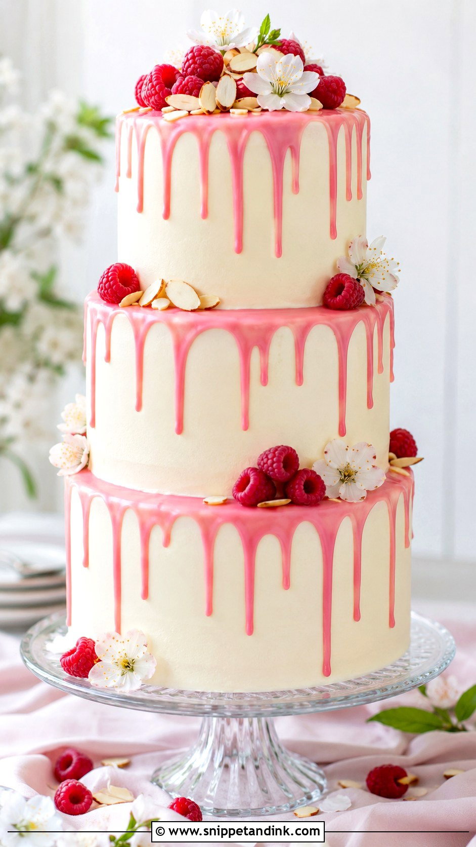 Almond Raspberry Drip Wedding Cake - Snippet and Ink - 25 Almond Raspberry Wedding Cake Ideas