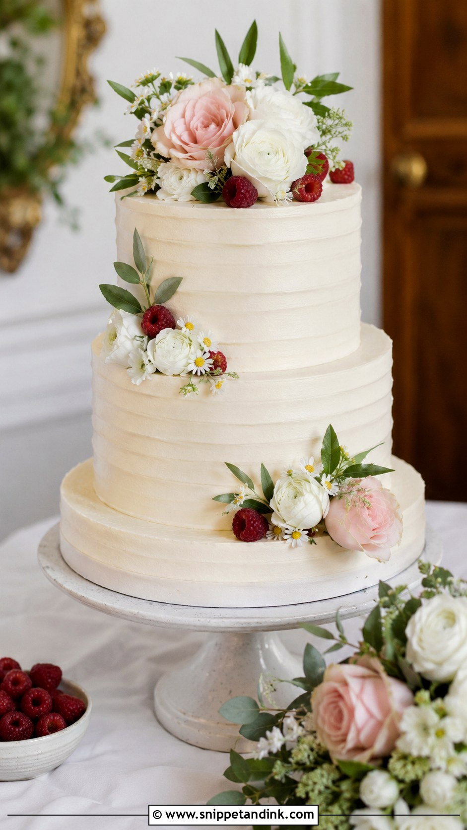 Almond Raspberry Floral Wedding Cake - Snippet and Ink - 25 Almond Raspberry Wedding Cake Ideas