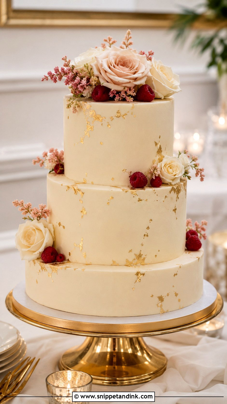 Almond Raspberry Gold Wedding Cake - Snippet and Ink - 25 Almond Raspberry Wedding Cake Ideas