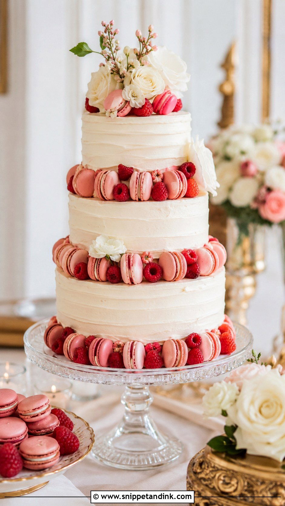 Almond Raspberry Macaron Wedding Cake - Snippet and Ink - 25 Almond Raspberry Wedding Cake Ideas