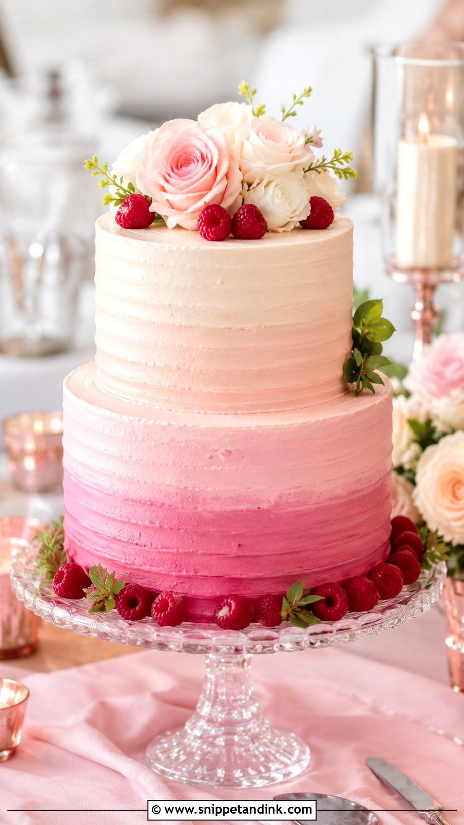 Almond Raspberry Ombre Wedding Cake - Snippet and Ink - 25 Almond Raspberry Wedding Cake Ideas
