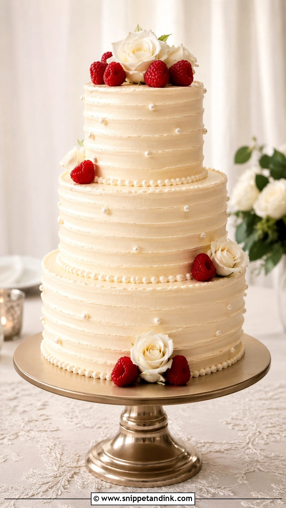 Almond Raspberry Pearl Wedding Cake - Snippet and Ink - 25 Almond Raspberry Wedding Cake Ideas