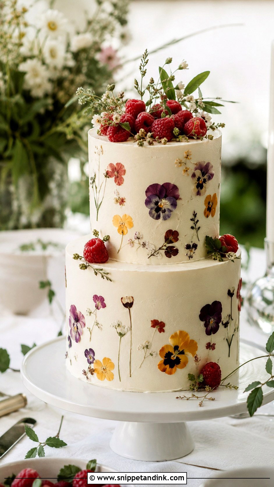 Almond Raspberry Pressed Flower Wedding Cake - Snippet and Ink - 25 Almond Raspberry Wedding Cake Ideas